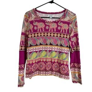Sundance Shirt Womens Large Pink Paisley Long Sleeve Crew Cotton Boho Printed *